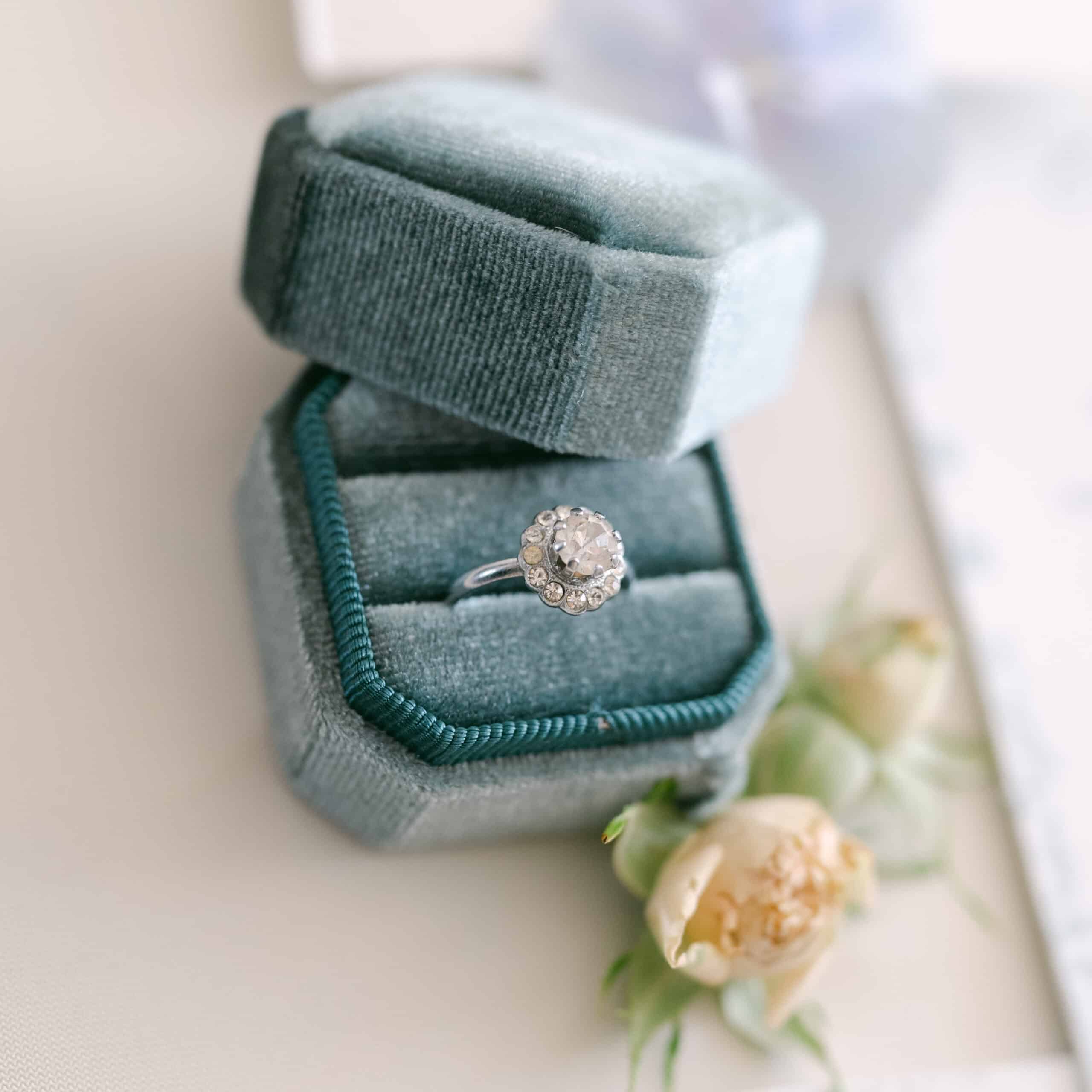 Verlobungsring in samtbezogener Schmuckbox vor zarten Blüten – Wedding Vienna diehochzeitsfotografenHochzeitsdienstleister, die wir empfehlen: Atelier Götz – Goldschmiedemeister aus Neudörfl – bietet eine tolle Auswahl für die Hochzeit.