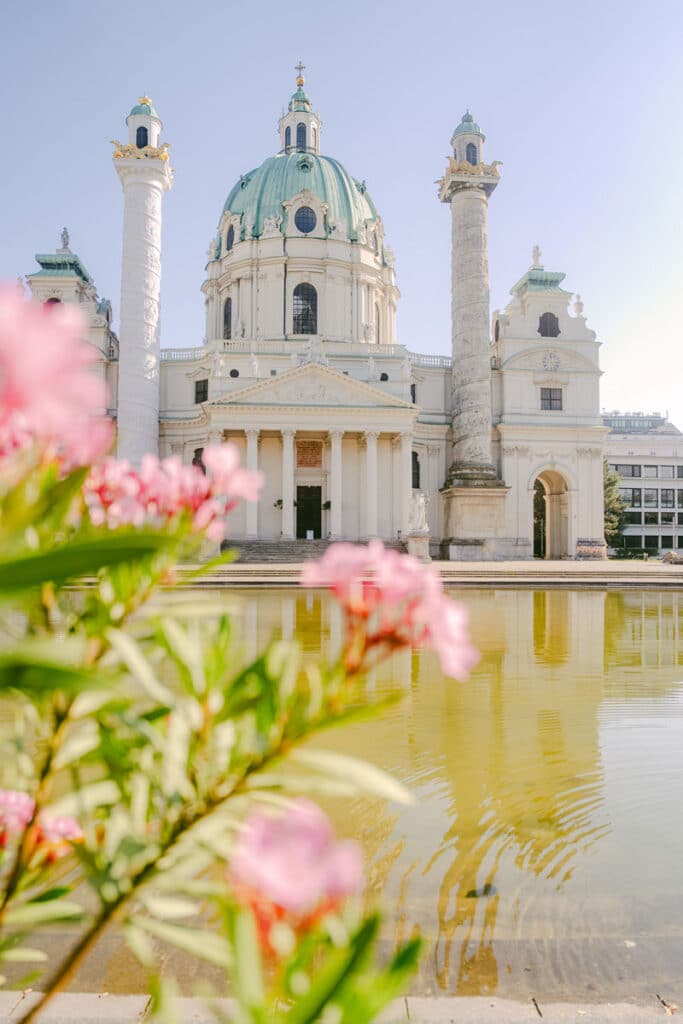 Karlskirche in Wien mit rosa Blüten im Vordergrund